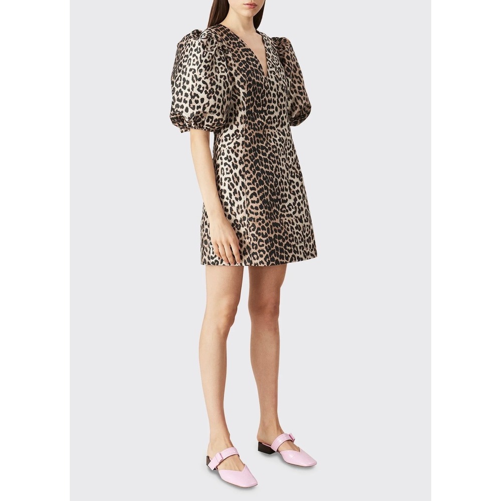 Ganni Leopard Print Jacquard Puff‎ Sleeve Mini Dress Size 34 US XS Mob Wife Chic